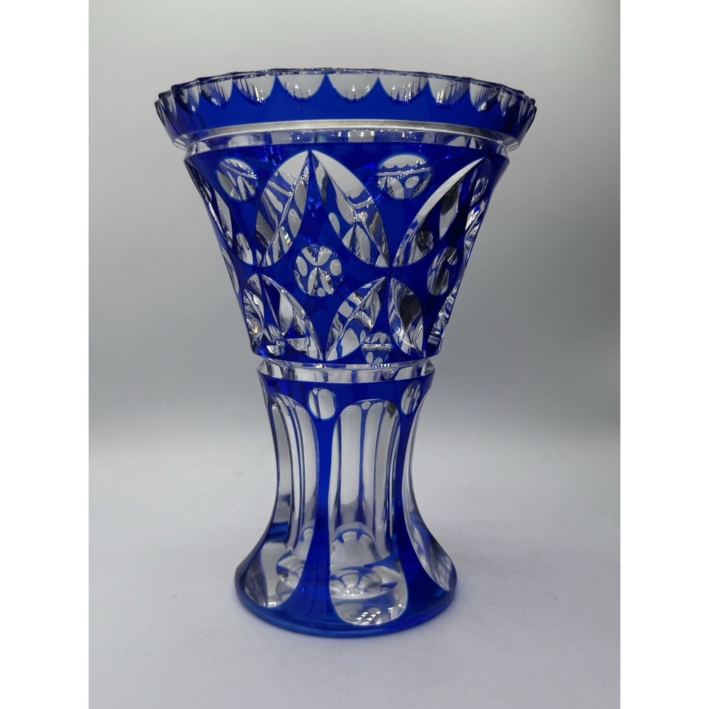 Vintage Bohemian‎ Czech Blue Cut To Clear Crystal Vase 7" X 5". *Minor Flaws*